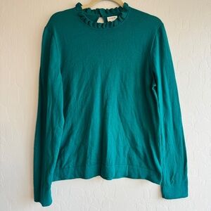J. Crew Women’s Large Teal Ruffle Neck Cotton Sweater Keyhole Back Long Sleeve L